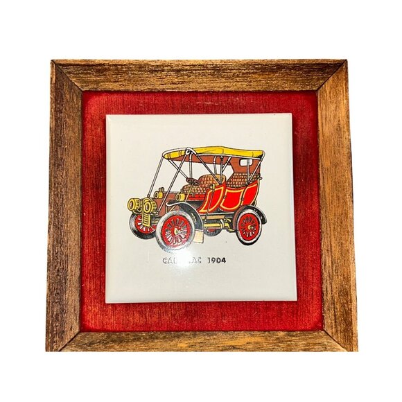 Vintage Framed Ceramic Tile Art Set Of 3 Antique Cars Cadillac Rolls Royce Renau - Picture 2 of 7
